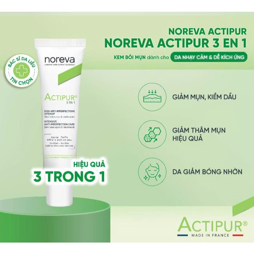 Kem mụn giảm tiết bả nhờn, giữ ẩm da Noreva Actipur 3 En 1 Care 30ml