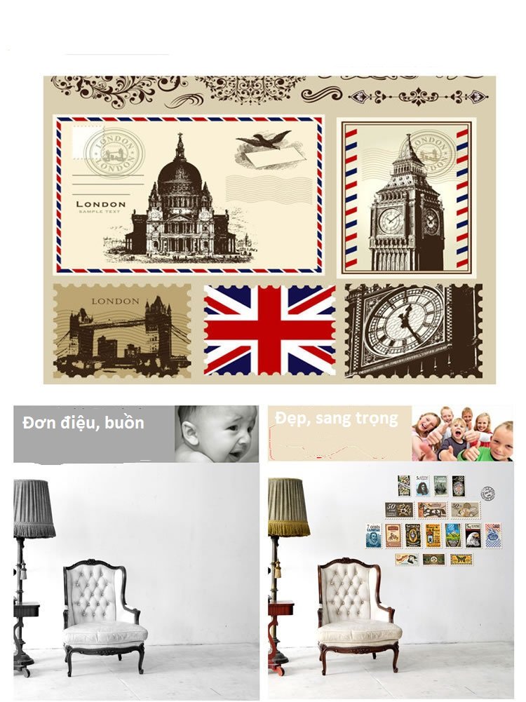 Decal dán tường tem thư các nước trang trí sinh động