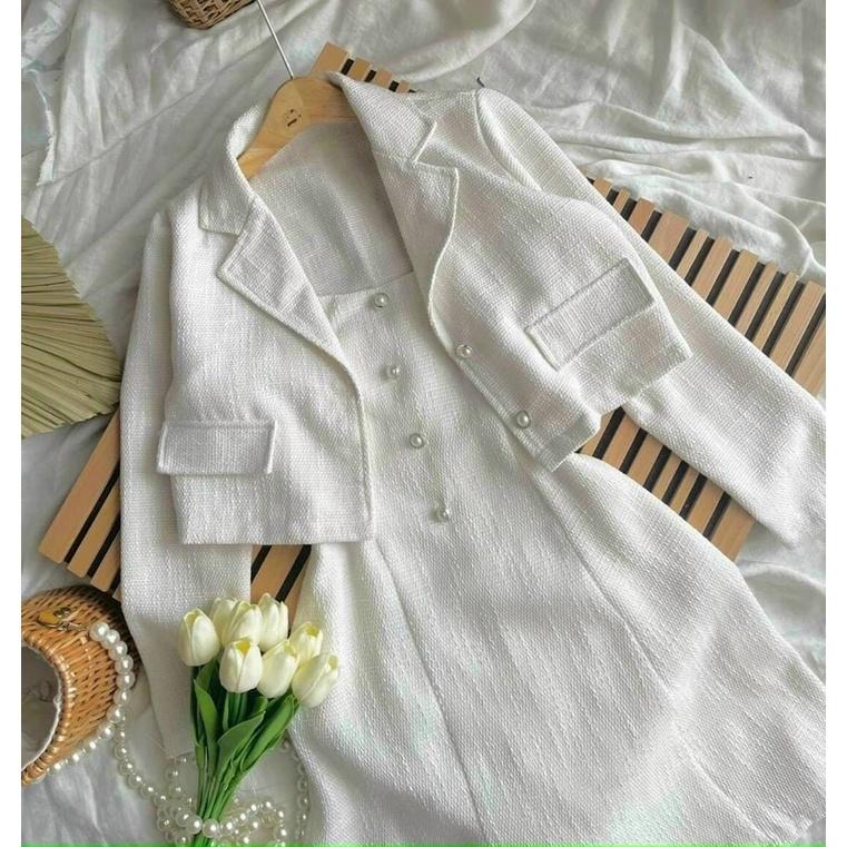 SET ĐẦM 2S DẠ BỐ + KHOÁC CROP ĐÍNH NÚT