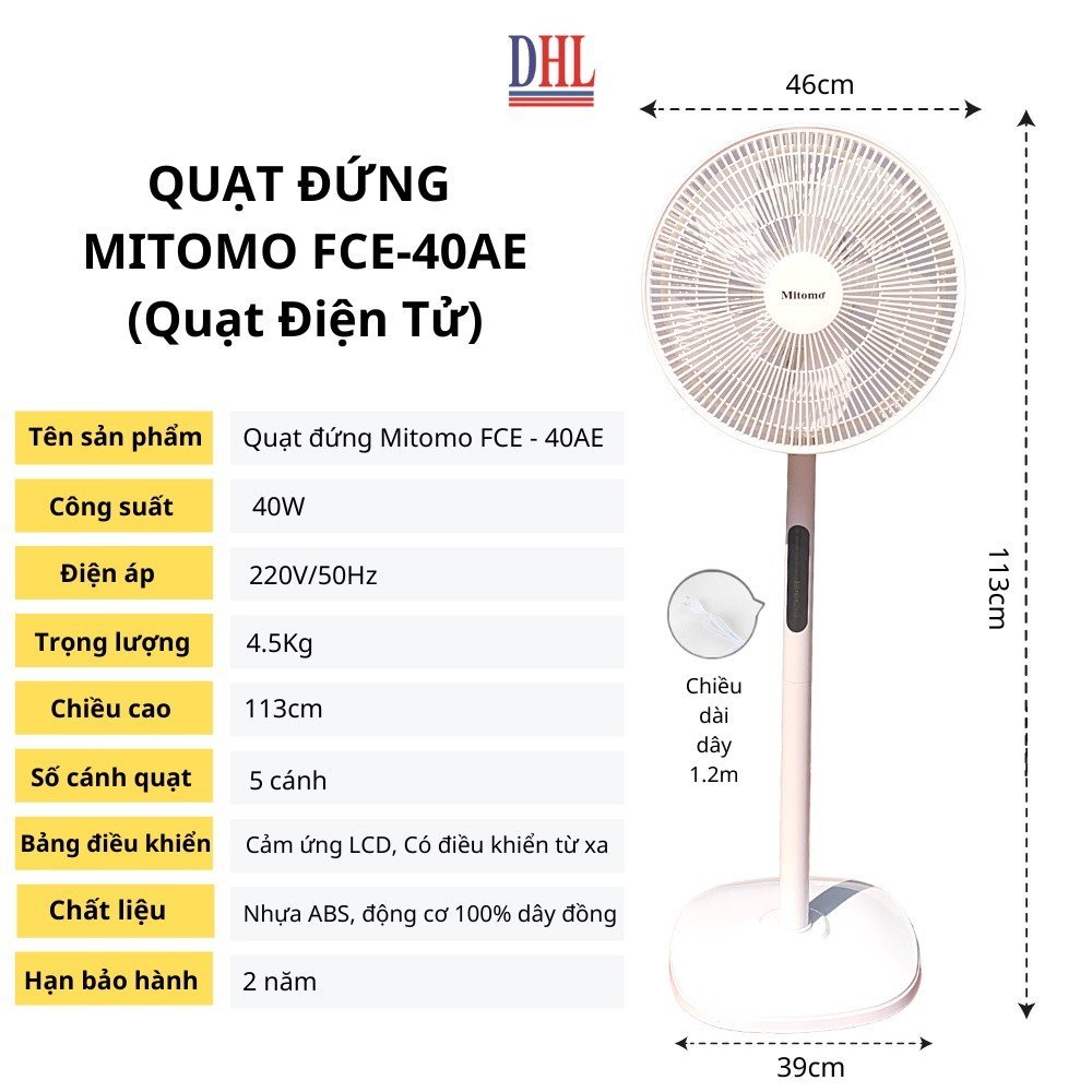 Quạt Cây Đứng Mitomo FCE-60 có điều khiễn từ xa, hẹn giờ hàng chính hãng