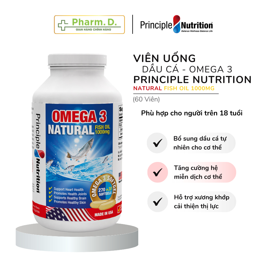 Viên Uống Dầu Cá Bổ Sung Omega 3 Bổ Não PRINCIPLE NUTRITION Natural Fish Oil 1000mg (60 viên)