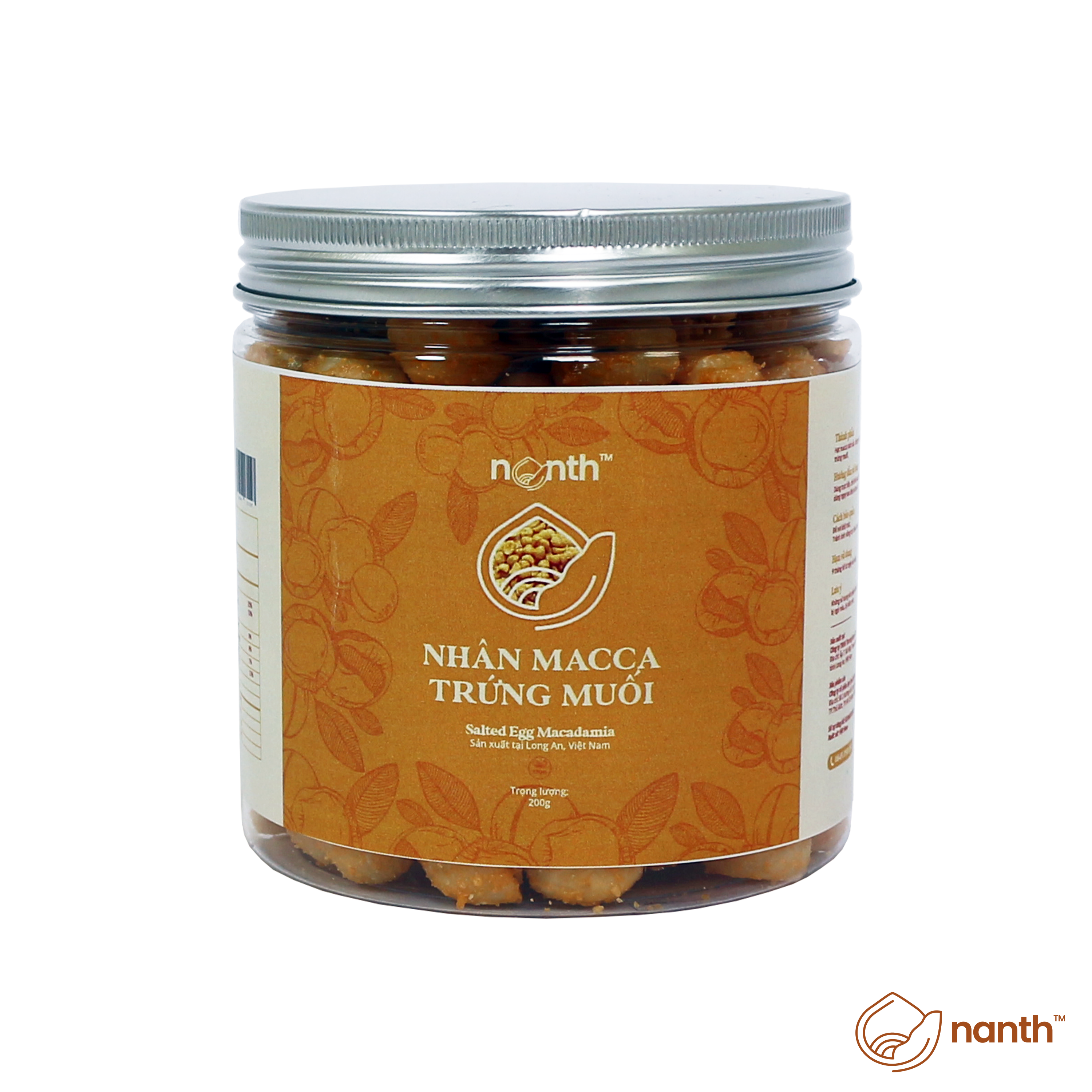 Nhân macca trứng muối .Thương hiệu : NANTH. Không chất bảo quản. Hạt Macca Đắk Lắk ngọt béo kết hợp với trứng muối. Macadamia. Thích hợp làm quà tặng, biếu, chăm sóc sức khỏe
