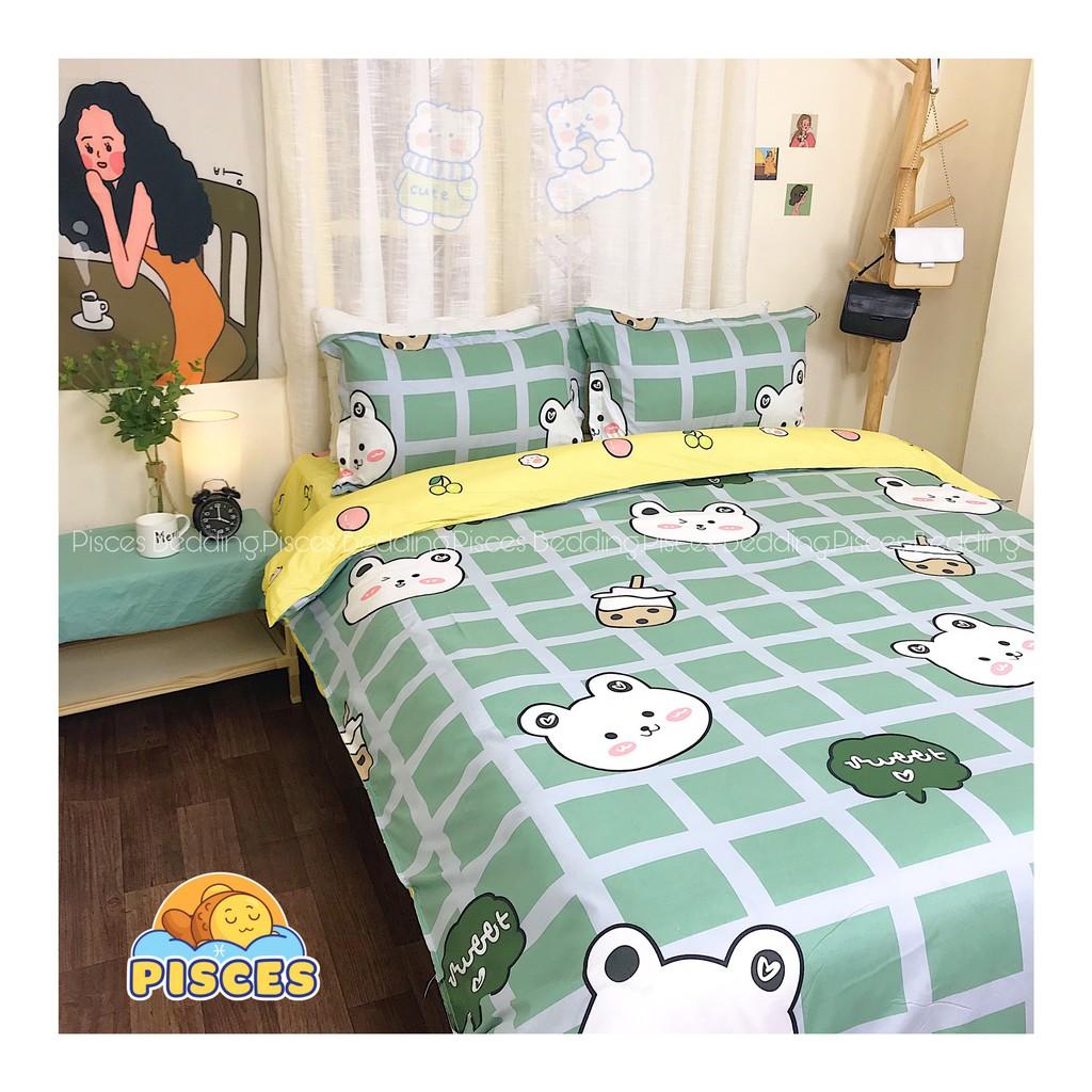 Bộ Chăn Ga Gối Cotton Poly Gấu Trắng Caro Xanh