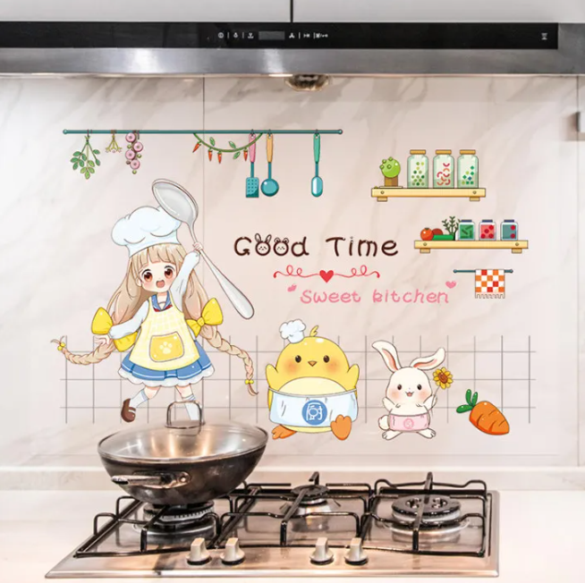 Decal dán bếp họa tiết trong suốt - Bé gái nấu ăn cùng gà và thỏ con