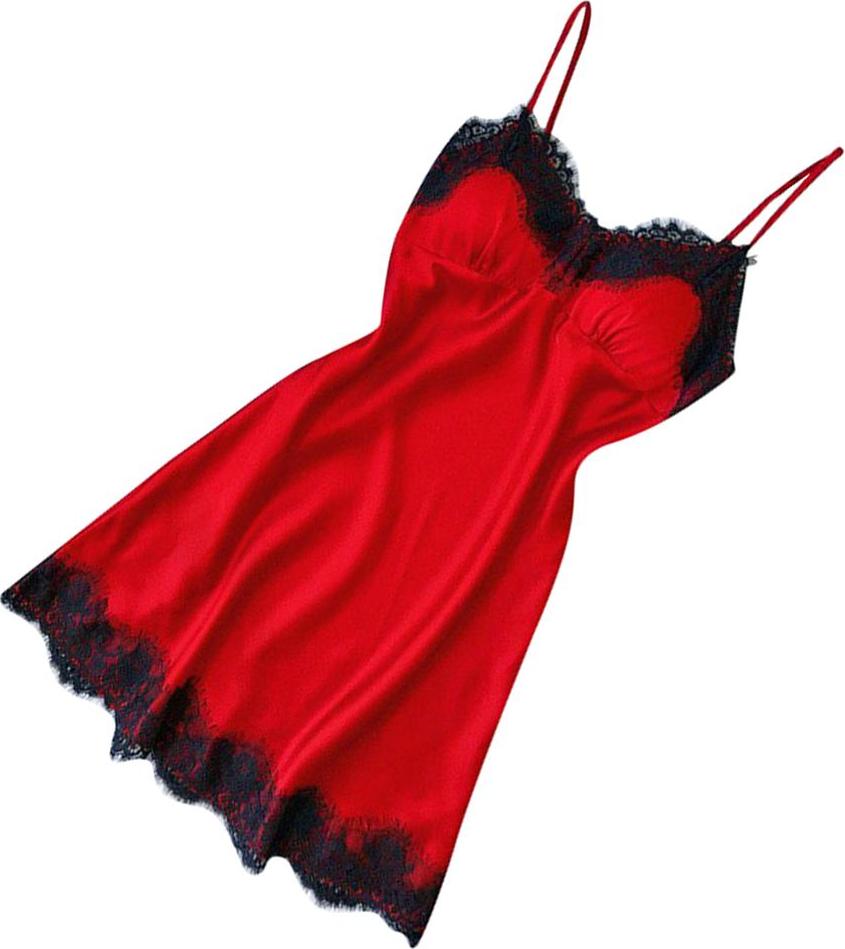 Sexy Women Lace Trim Satin Nightdress Lingerie Sleepwear Red Nightgown Set