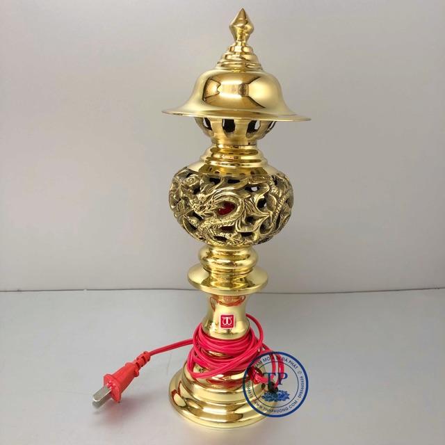 Đèn thờ điện đồng vàng , họa tiết rồng phượng KH879