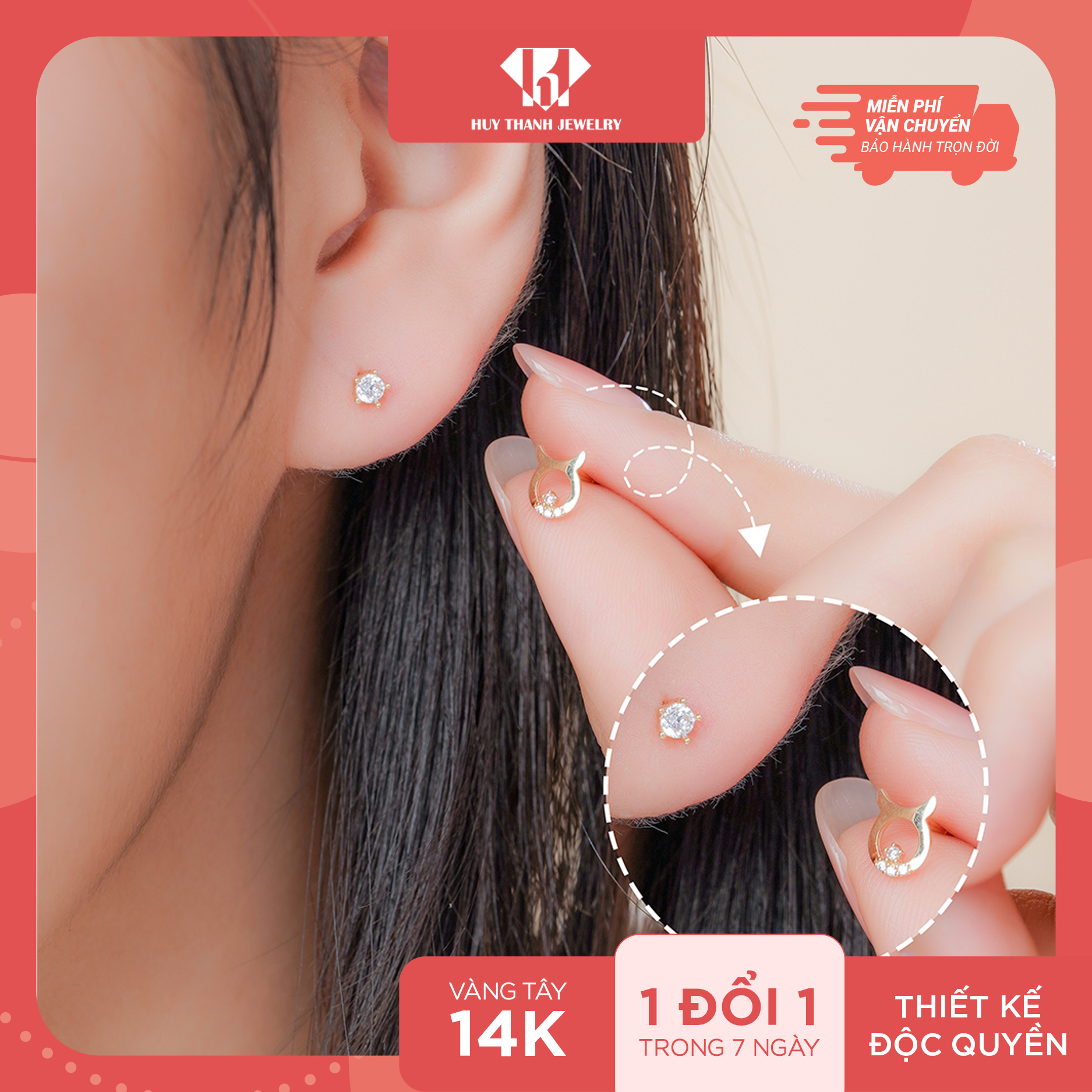 Bông Tai Nữ Vàng 14K BTAM57 - Cung Kim Ngưu Huy Thanh Jewelry