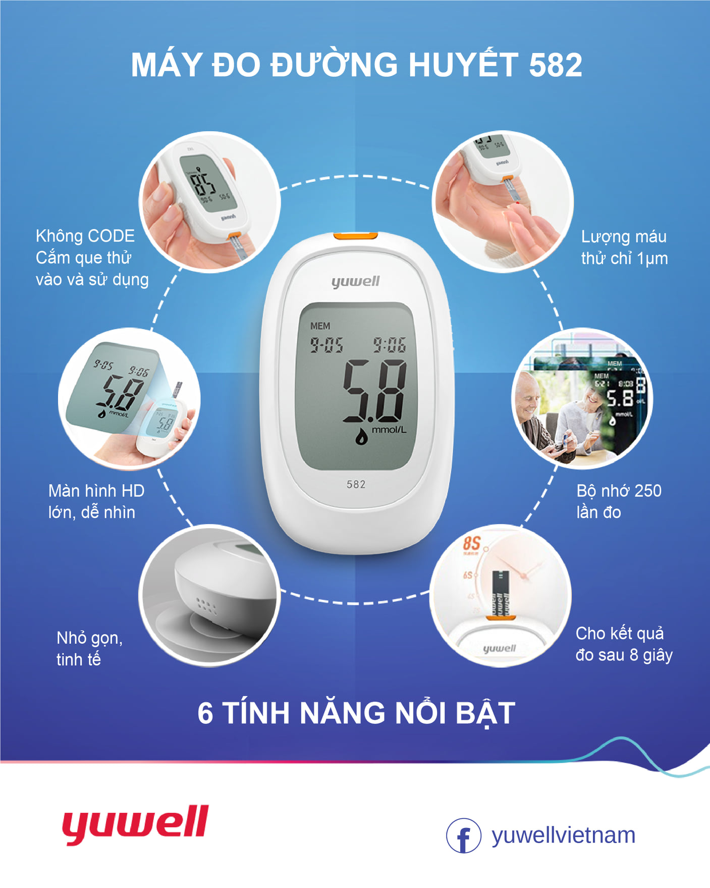 Máy Đo Đường Huyết Thế Hệ Mới Yuwell Accusure 582 - Kết Quả Chính Xác - Bảo Hành Trọn Đời