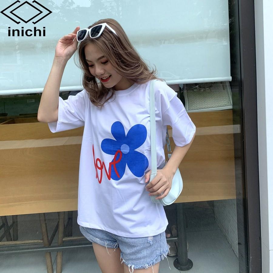Áo thun unisex INICHI A579 tay lỡ form rộng cá tính in hình Love hoa 5 cánh