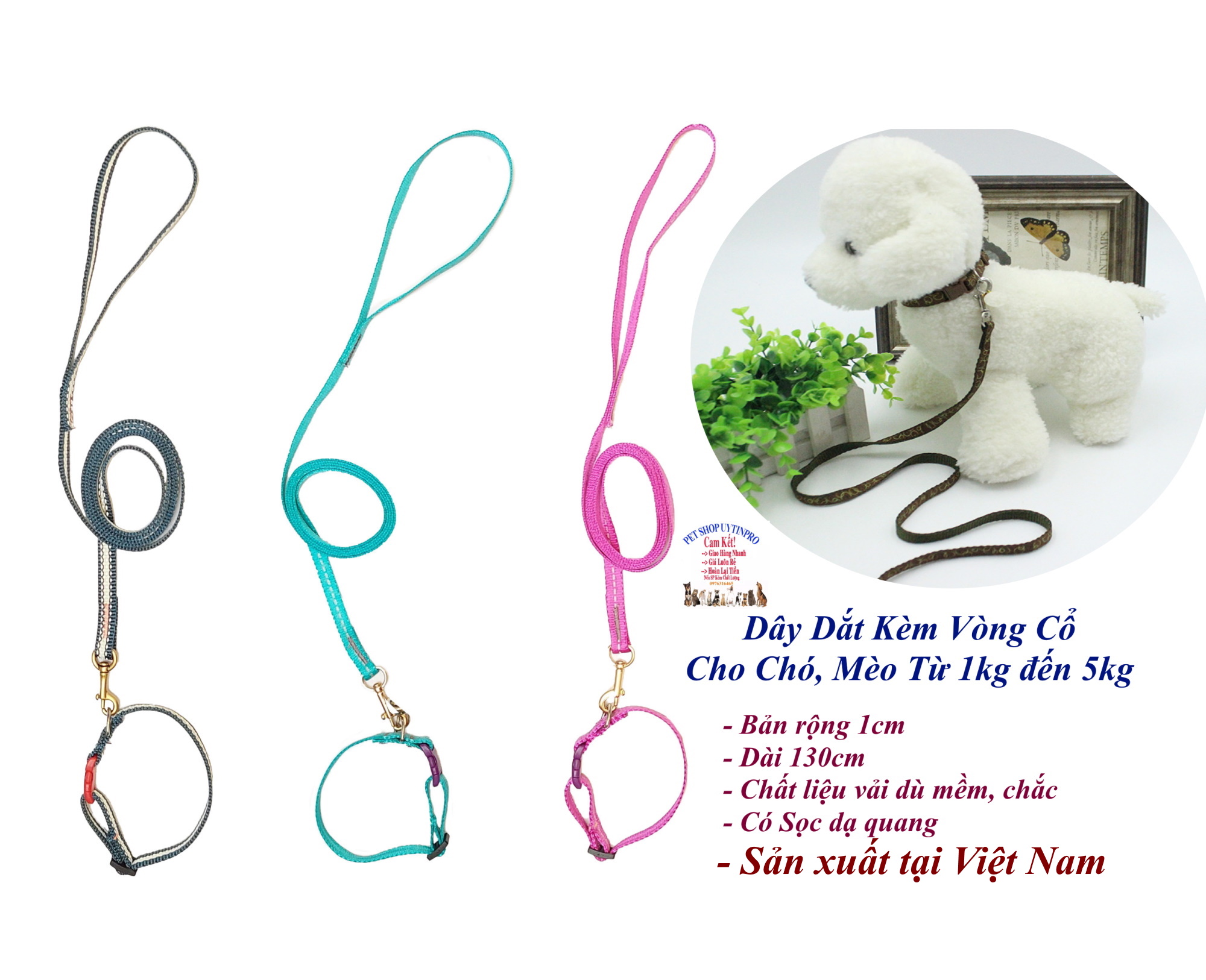Dây dắt kèm vòng cổ cho Chó Mèo từ 1kg đến 5kg Bản rộng 1cm, Chất liệu vải dù, Bền đẹp, Chắc chắn, An toàn SX tại VN