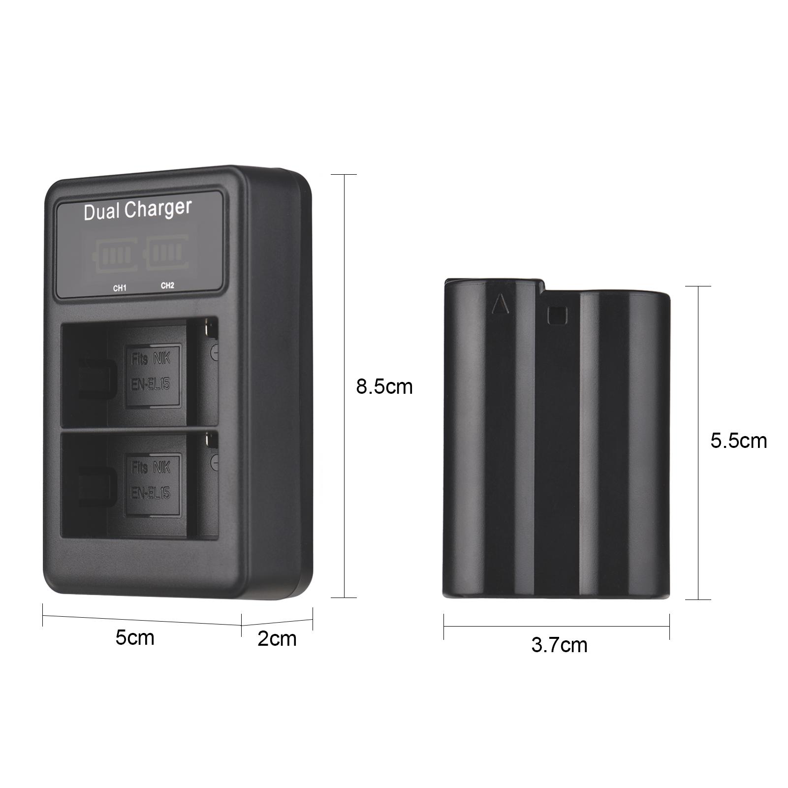 EN-EL15 Battery & Charger Kit 2pcs 7.4V 2550mAh Battery + 1pc Dual Channel Battery Charger LED Screen Display for Nikon