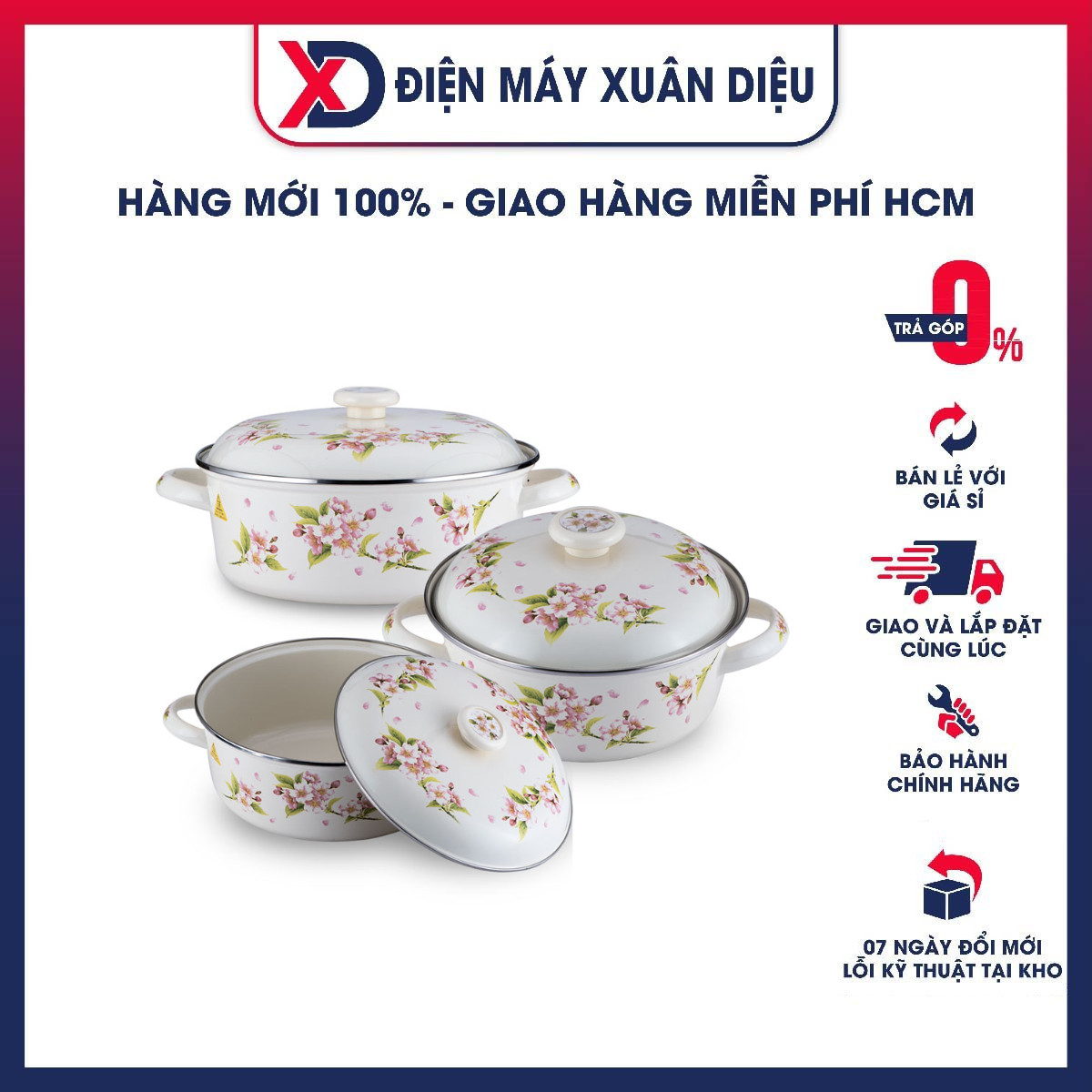 Bộ 03 nồi tráng men FUJIHORRO (18cm, 20cm, 22cm) Hoa văn Sakura SYM-332, Sử dụng bếp từ