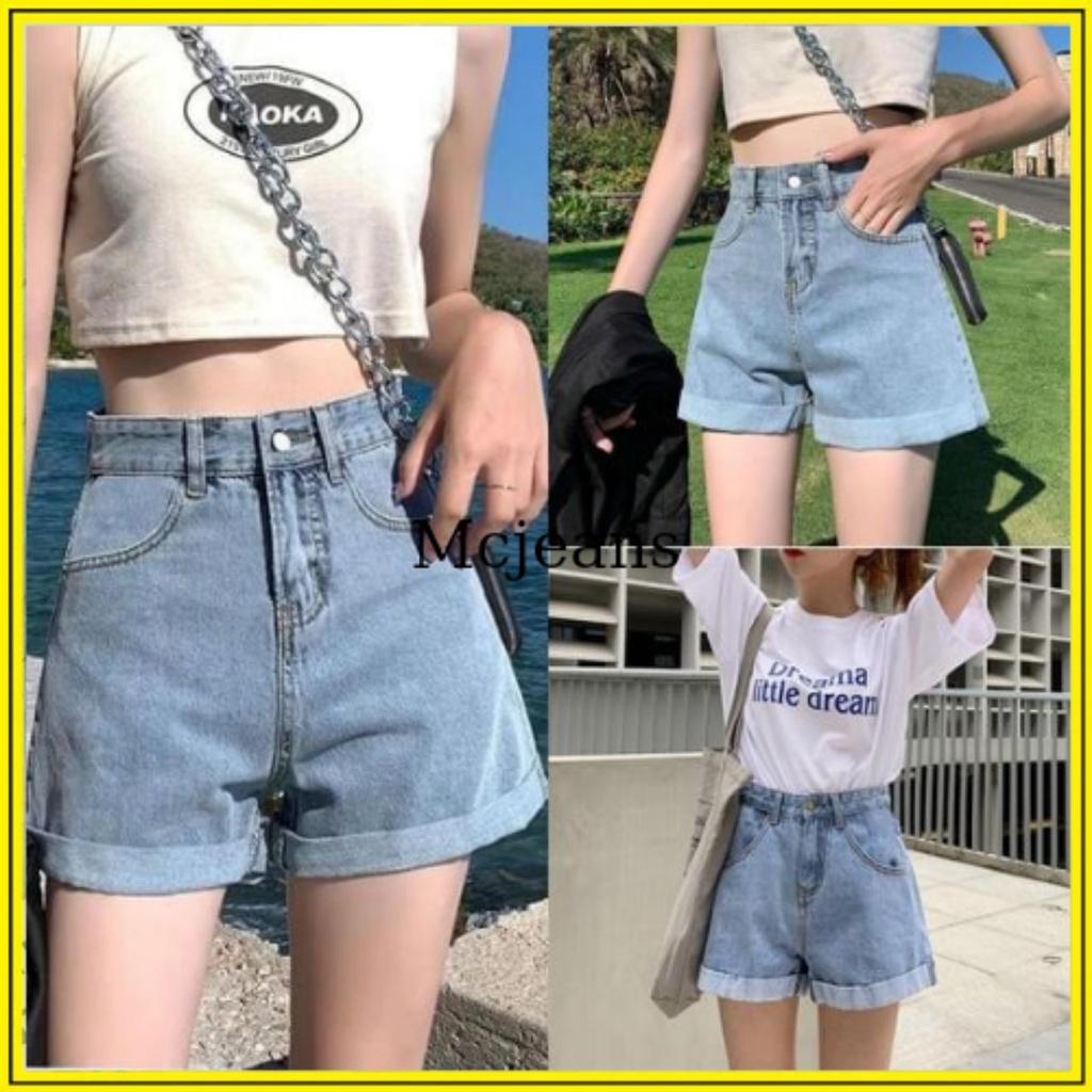 Quần Short Jeans Lưng Cao Gấp Gấu