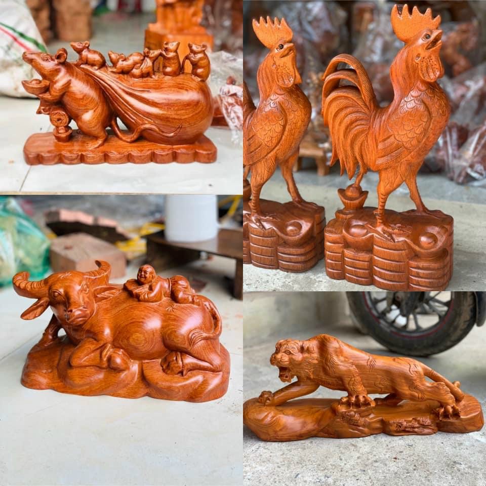 Tượng gia đình gà bằng gỗ hương đá kt cao 30cm