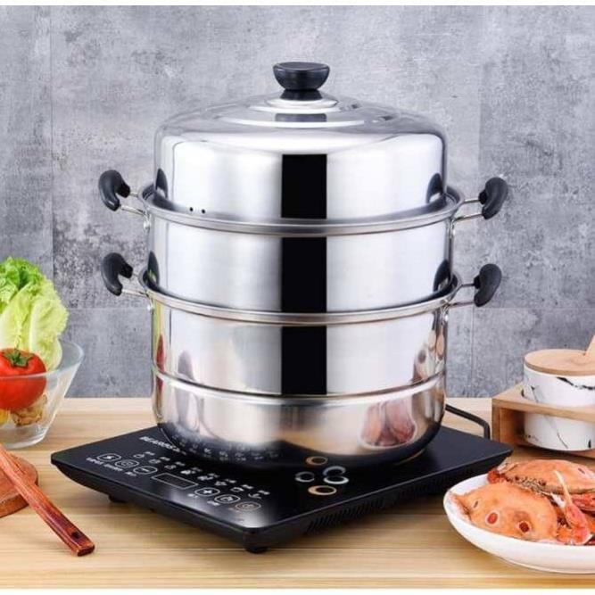 Nồi hấp inox 3 tầng hiện đại kích thước lớn, có thể sử dụng trên mọi loại bếp