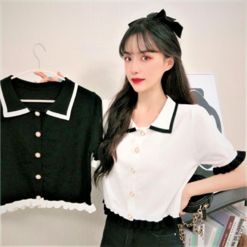 [L2M] Áo len Montoghi dệt kim BÈO BÚP BÊ cổ bẻ phối nút dễ thương