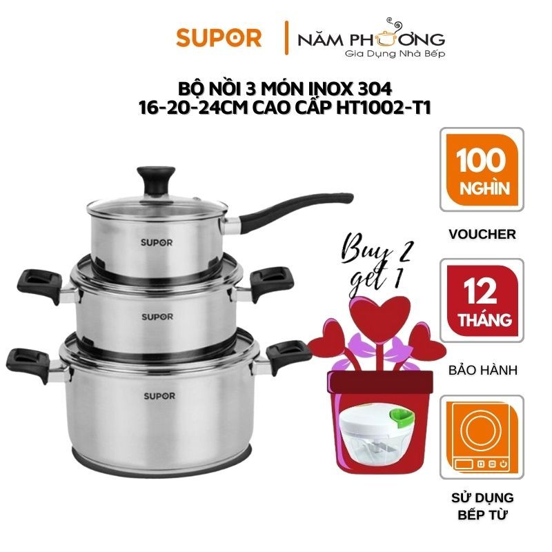 Bộ nồi  bếp từ inox cao cấp 100% chất liệu 18/10  Supor 16-20-24cm hàng chính hãng H20211-T1