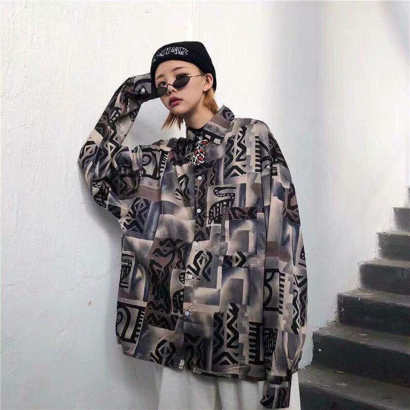 Áo Sơ Mi Dài Tay Dáng Rộng In Họa Tiết Cá Tính Dành Cho Nam / Size M-3Xl