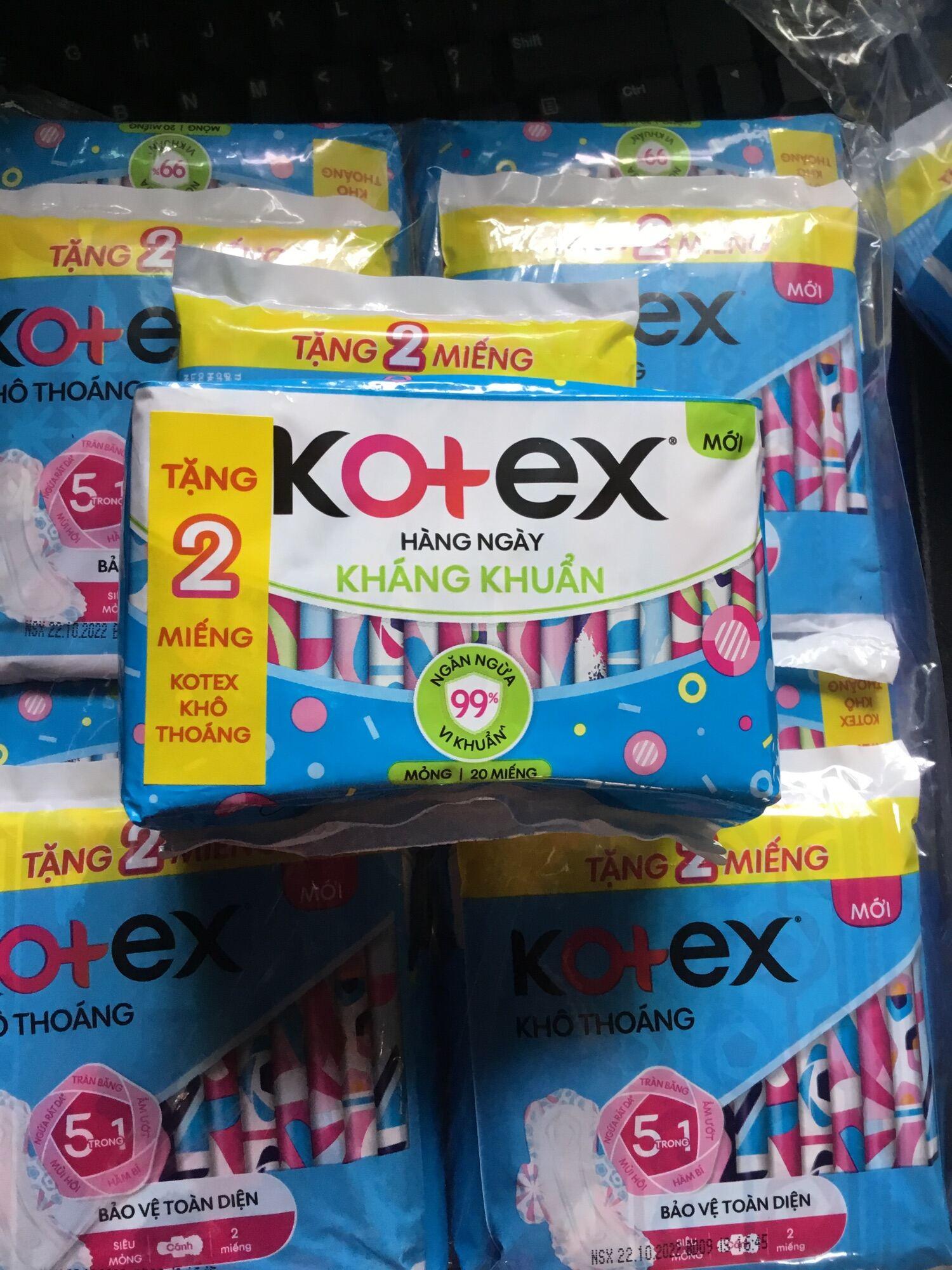 Mỗi gói Tặng thêm 2 miếng Kotex Khô Thoáng- Combo 8 Gói Băng Vệ Sinh Kotex Hàng Ngày Kháng Khuẩn- Mỗi Gói 20 Miếng- Date luôn mới