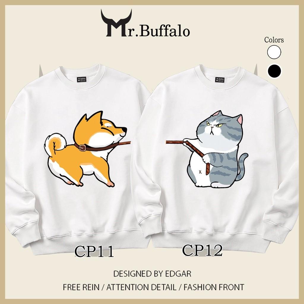 Áo sweater form rộng cặp đôi chó mèo dễ thương Mr.buffalo - Mèo - áo Trắng