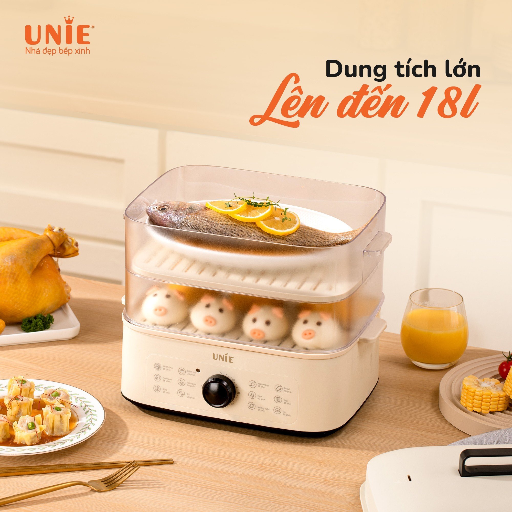 Nồi hấp 3 tầng UNIE UE560,dung tích 18l,công suất 850w,12 tính năng siêu tiện lợn,thiết kế trang nhã cao cấp,dễ vệ sinh- HÀNG CHÍNH HÃNG