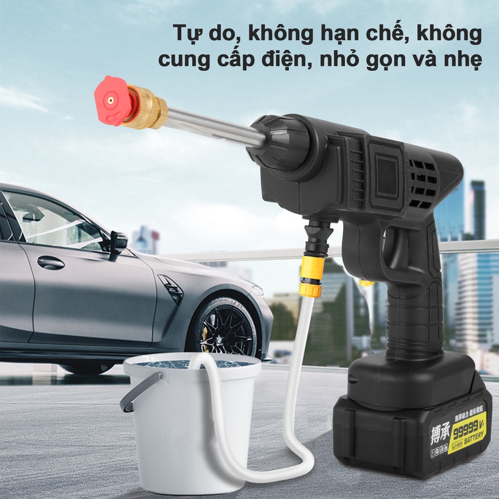 (Loại tốt) Máy rửa xe mini dùng pin áp lực cao không dây xịt rửa xe máy ô tô sân vườn kèm phụ kiện hàng cao câp