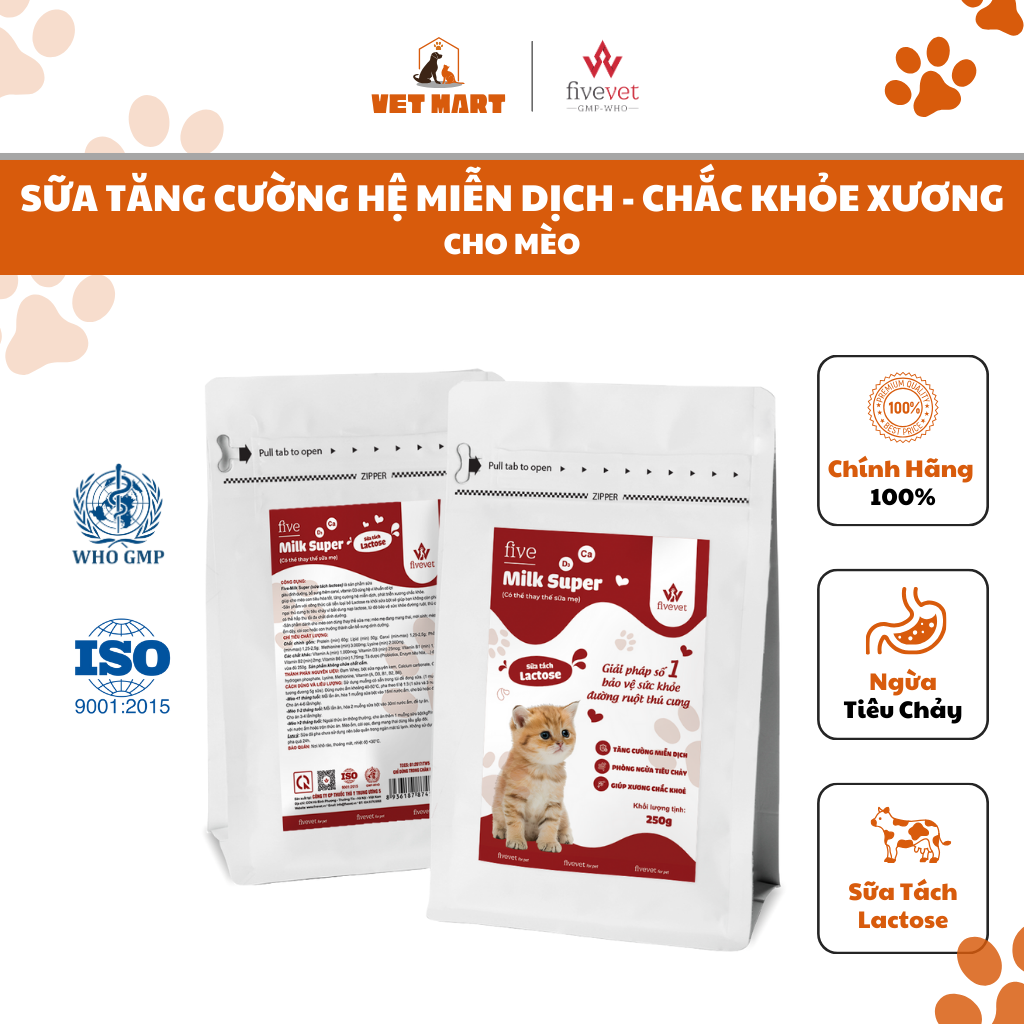 Sữa Tách Lactose Five-Milk Super For Cat 250g Tăng Cường Miễn Dịch - Fivevet