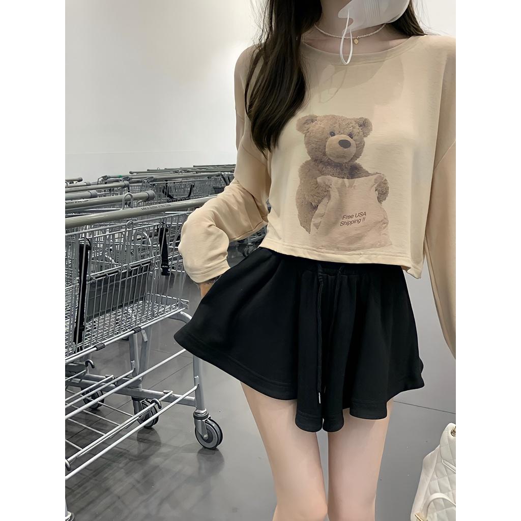Set Bộ Áo Thun Dài Tay Hình Gấu Kèm Quần Váy Xòe 2 Lớp Dáng Thụng 2 Màu Siêu Xinh