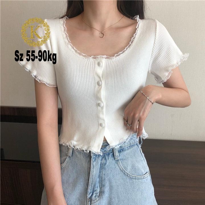 Áo croptop nữ tay ngắn bigsize 55-90kg kimfashion, Croptop bigsize phối ren phong cách Hàn Quốc AT08-D