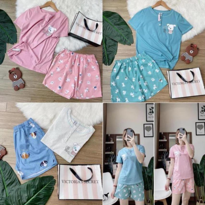 Bộ đồ nữ mặc nhà chất liệu vải thun cotton mát mẻ, hình thú chú chó nhỏ siêu cute