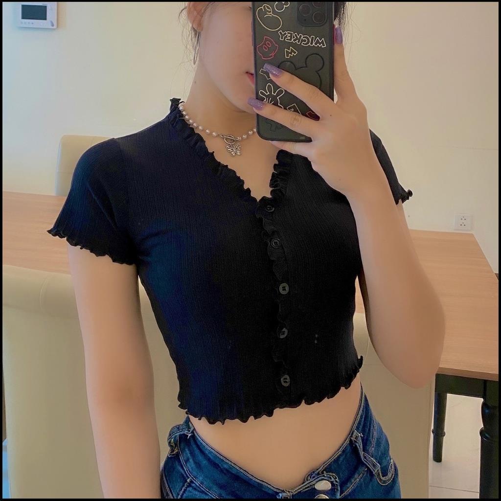 Áo Croptop Nữ Ngắn Tay Cổ chữ V GenY - Áo Kiểu Nữ Ôm Nút Giả Nhiều Màu Chất Thun Gân Mềm Mịn CR-V2