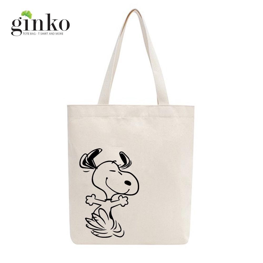 Túi tote vải mộc GINKO basic có dây kéo khóa miệng túi( có túi con bên trong) đựng vừa laptop 14 inch và nhiều đồ dùng khác in hình Snoopy and Friends M101