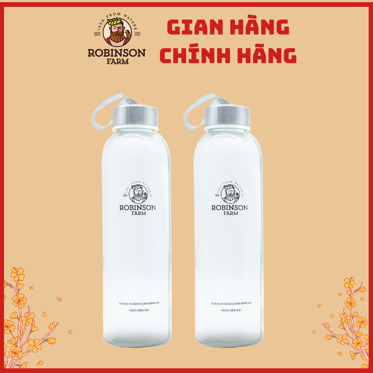 Bình Nước Thủy Tinh Robinson Farm 500ml có dây xách