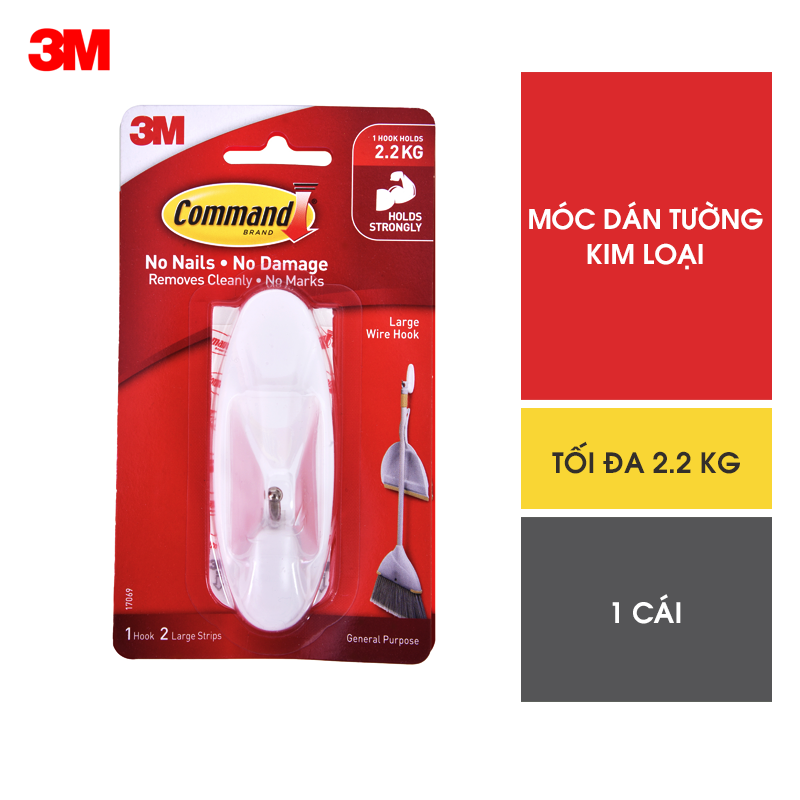 Móc dán tường đầu kim loại Command 3M vỉ 1 cái cỡ lớn chịu lực 2.2kg - Độ bền cao, bám cực chắc, tháo cực dễ 17069