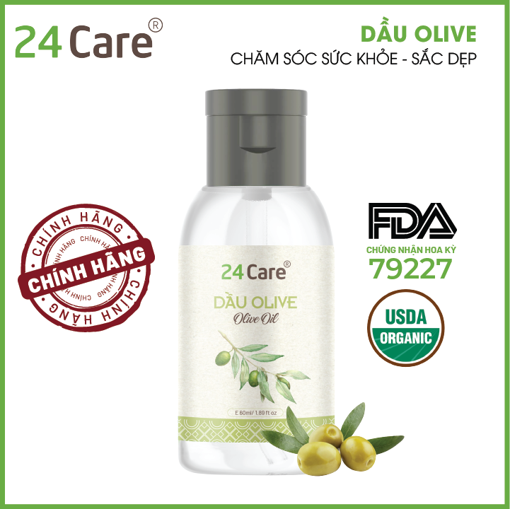 Dầu Olive 24Care Nguyên Chất - Dưỡng trắng da, giảm mụn, dưỡng ẩm da, tẩy lớp trang điểm sạch sâu - Dung tích 60ml