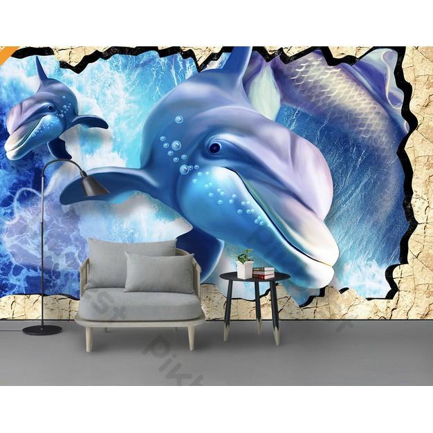 Tranh dán tường Cá heo dưới đáy biển xanh, tranh dán tường 3d hiện đại  MS994768