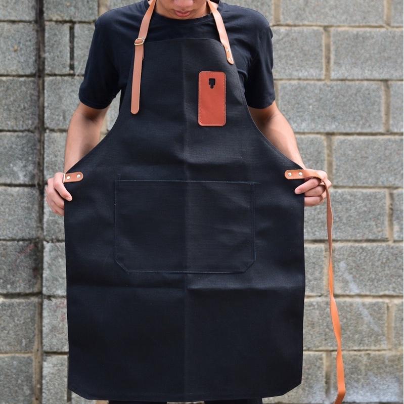 Tạp dề pha chế vải canvas dây da của Junsleather phối da bò cao cấp dành cho Barista/Bartender quán cà phê