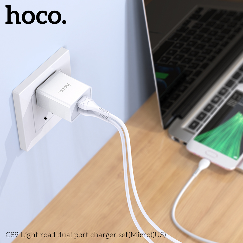 Bộ sạc Type C Hoco C89 2 cổng USB dài 1M chân dẹt cho Android kèm dây Type-C, hàng chính hãng Hoco Mall Official