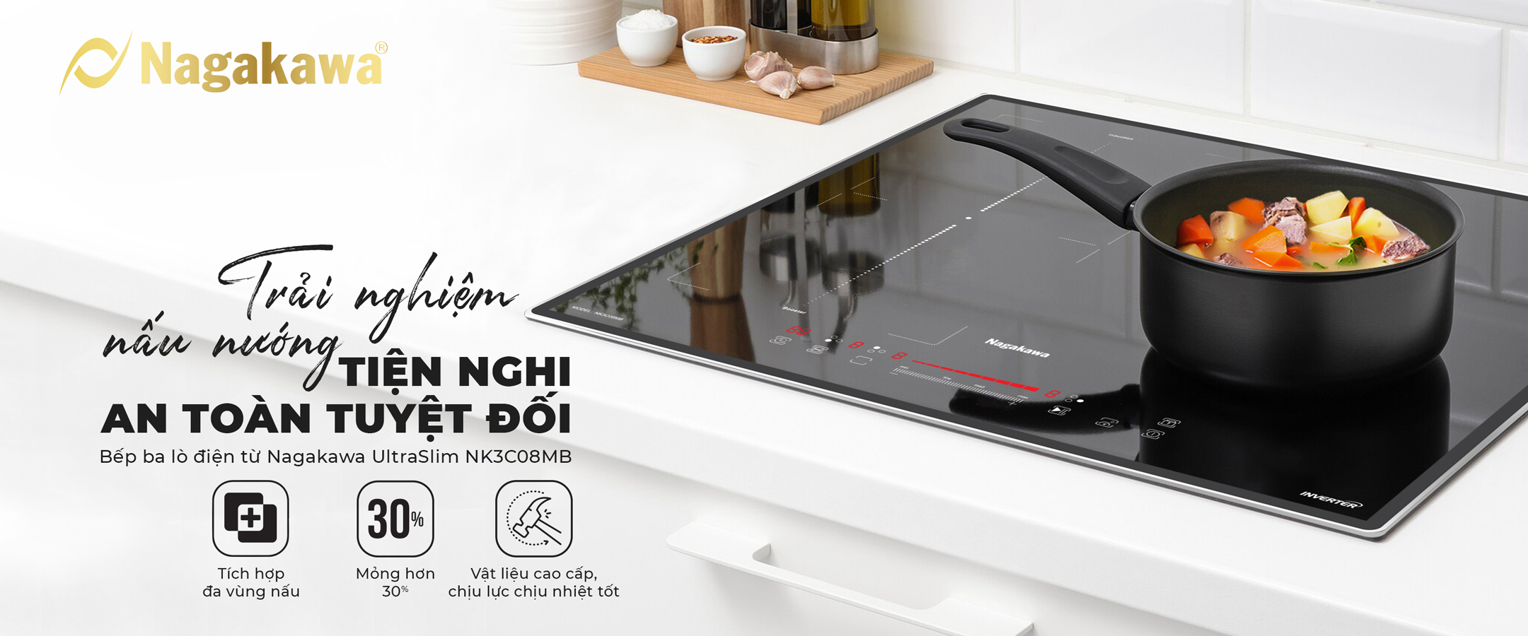 Bếp 3 lò điện từ cao cấp Nagakawa UltraSlim NK3C08MB - Made in Malaysia - Bảo hành 5 năm- hàng chính hãng