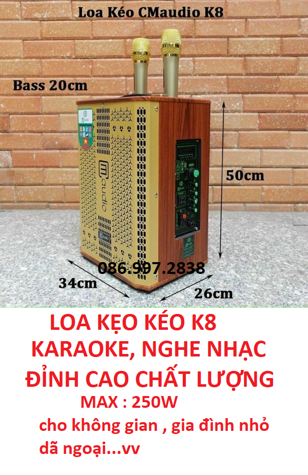 LOA KÉO DI ĐỘNG BASS 20 - CM AUDI K8 - VỎ GỖ LƯỚI KIM LOẠI SANG TRỌNG - HÀNG CHÍNH HÃNG