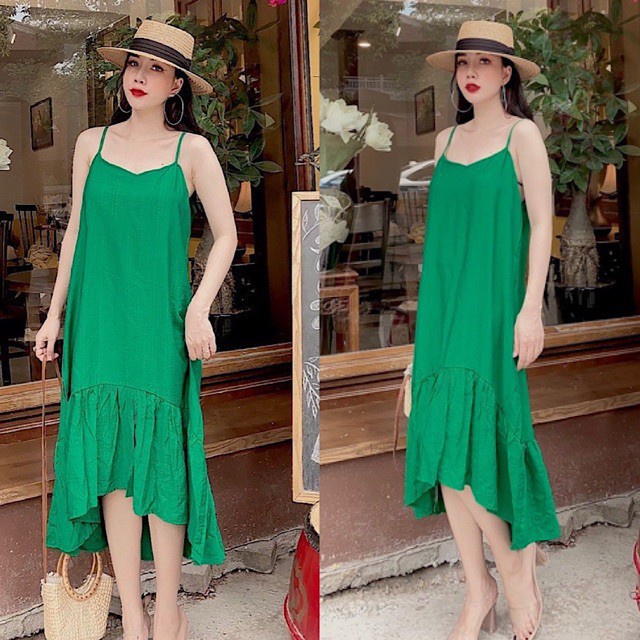 Váy maxi đi biển hai dây chất đũi mát freesize nhiều màu - Đầm đuôi cá dáng rộng dạo phố bầu bí bon chen