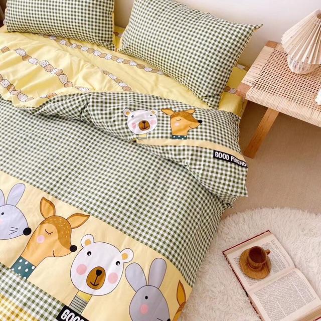 Set Cotton living Hàng Nhập Khẩu Cao Cấp 4 Món Muôn Thú Kẻ Vàng Xanh