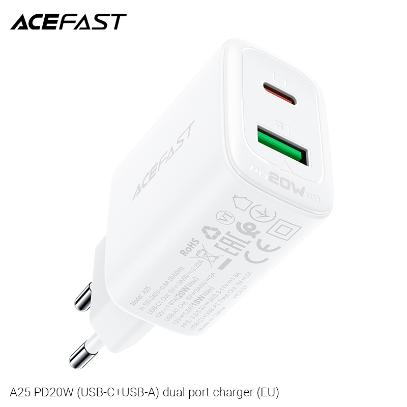 Sạc Acefast PD3.0 20W 2 cổng USB-C+USB-A (EU) - A25 Hàng chính hãng Acefast