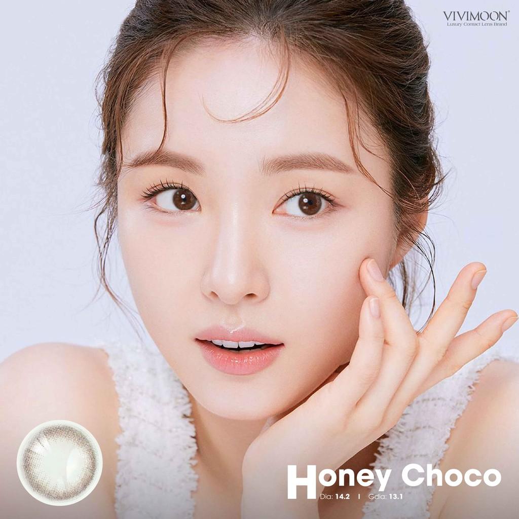 Lens Cận Màu Nâu Tự Nhiên Cho Mắt Thở Honey Choco VIVIMOON Và Bộ Ngâm Lens Nhỏ Mắt B5