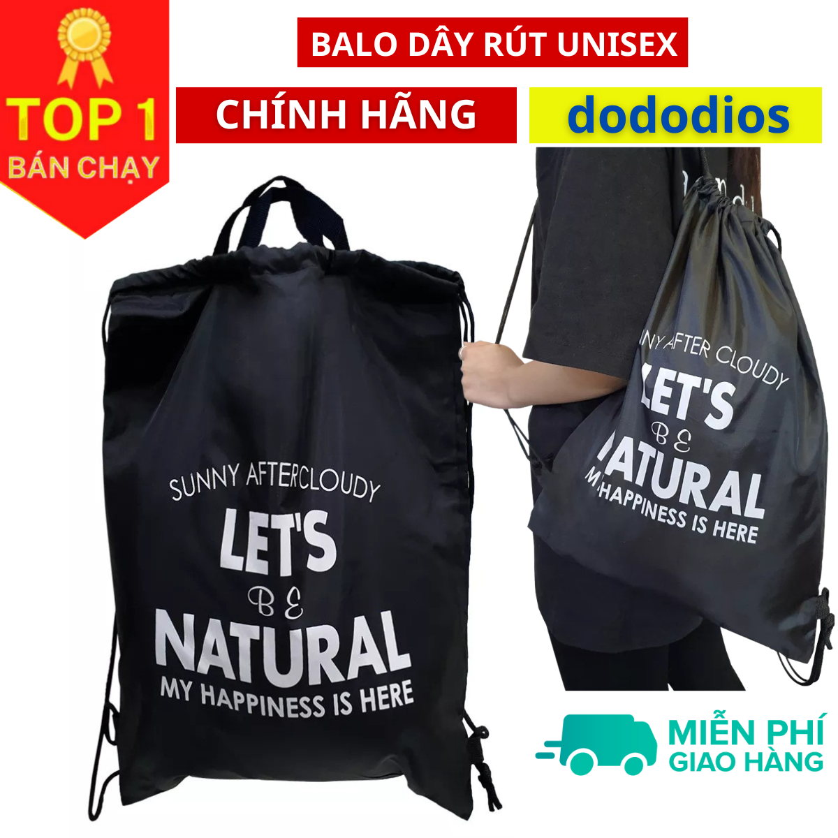 Balo dây rút unisex, Balo dây rút gấp gọn, vải dù chống thấm nước, Balo dây rút unisex, túi gấp, túi dây rút - vải dù chống thấm nước - Chính hãng dododios