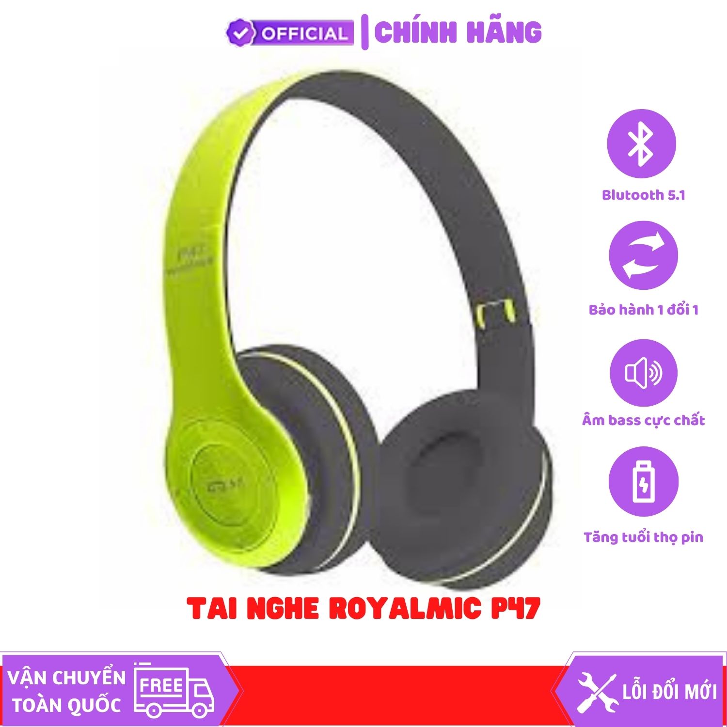 Tai Nghe Bluetooth ROYALMIC P47 có khe thẻ nhớ - Âm thanh cực chất, Có mic over ear headphones - Không đau tai - Hàng Chính Hãng