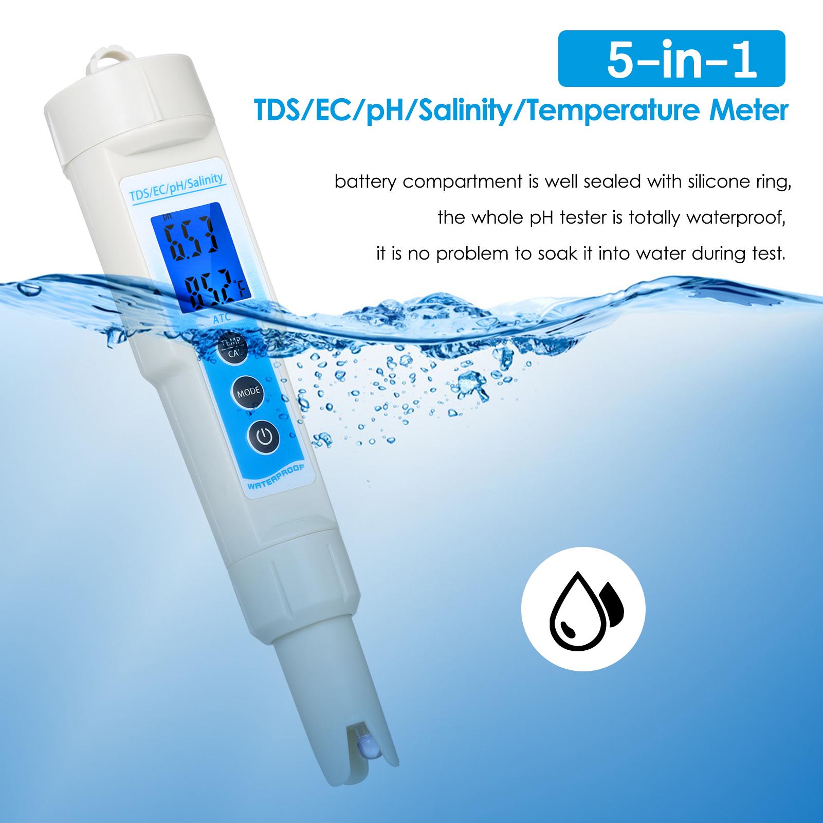 5-in-1 pH Meter Waterproof Multifunctional TDS/EC/pH/Salinity/Temperature Meter Water Quality Tester Blue Backlight LCD