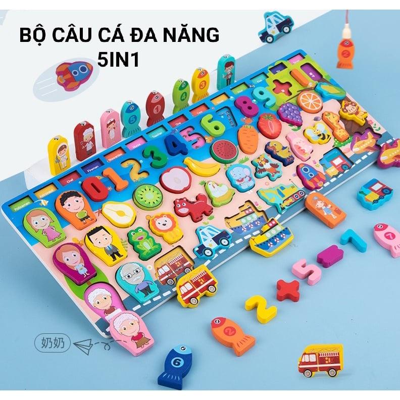 Bộ Gỗ Câu Cá Và Ghép Hình Học, Chữ Số, Chữ Cái, Phương Tiện 6in1 cho bé