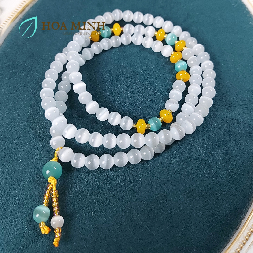 Vòng tay đá Mắt Mèo trắng size hạt 8 li chuỗi 108 hạt phối mắt mèo xanh, hạt bánh xe mã não vàng
