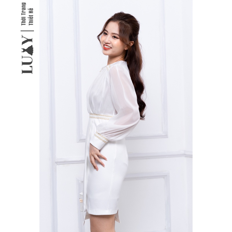 Đầm nữ LUXY V30056 cổ tym, tay voan phồng, dáng ôm phong cách tiểu thư sang trọng